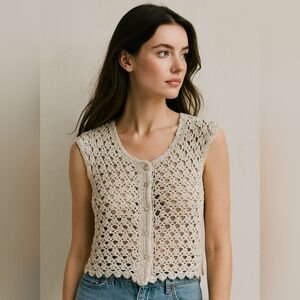 Crochet Knit Top Pearl Buttons Size M Cap Sleeve Crop Cardigan